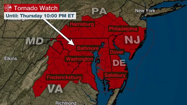 A tornado watch has been issued for parts of Delaware, District of Columbia, Maryland, New Jersey, New York, Pennsylvania and Virginia until 2 PM EDT