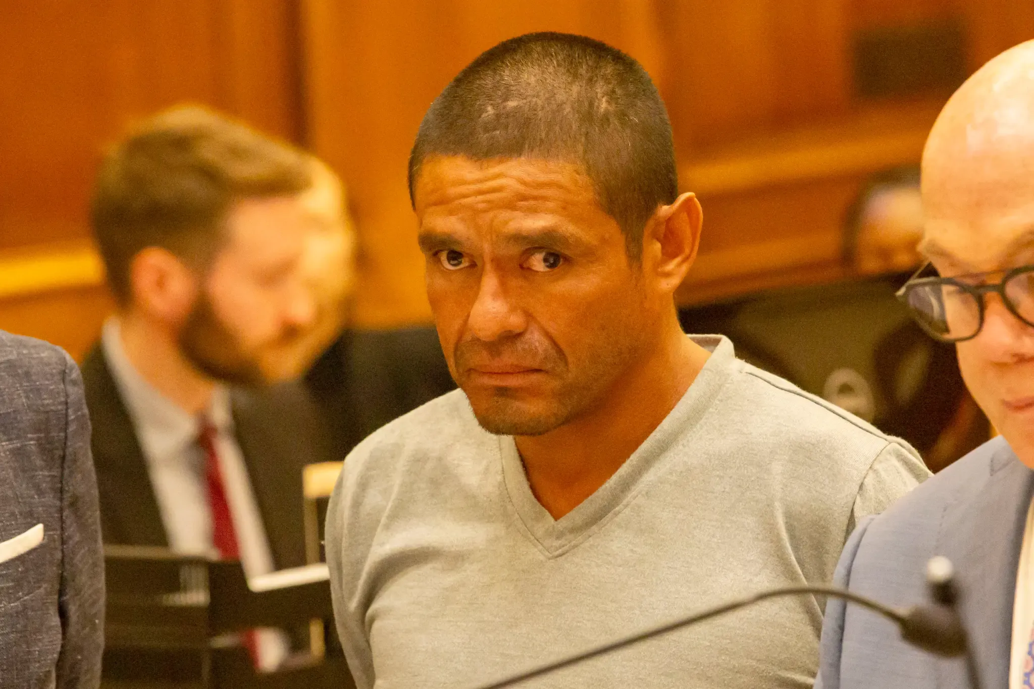 Leovando Moreno, 37, is arraigned at Brooklyn Criminal Court Monday evening after being arrested for beating the boyfriend of the 46-year-old woman his accomplice was raping in Coney Island on Sunday night.