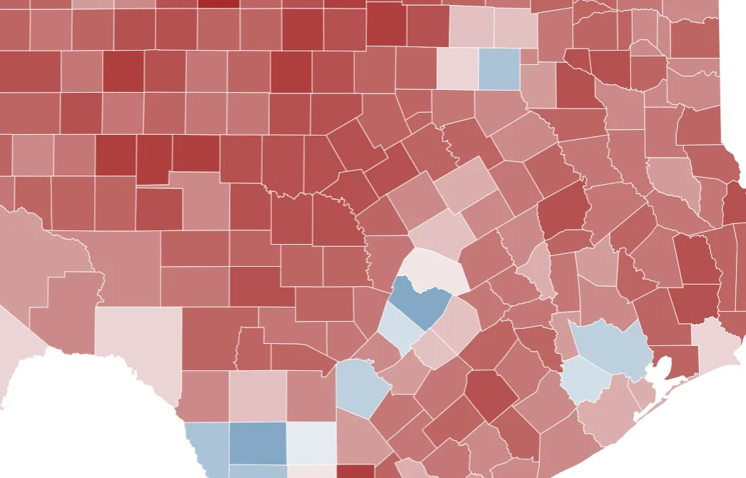 These are the reddest and bluest counties in Texas, According to Recent Election Data